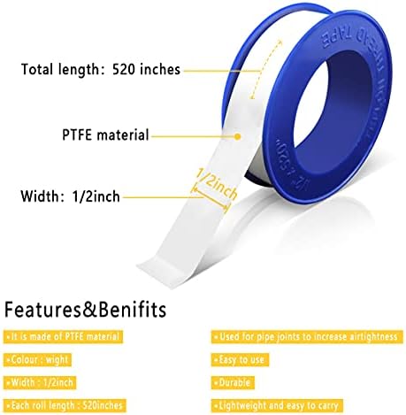 VOTMELL 8 Rolls 1/2 Inch(W) X 520 Inches(L) Teflon Plumbers Tape,Pipe Sealing & Plumbing Thread Tape,PTFE Water Sealant Seal for Shower Head,White