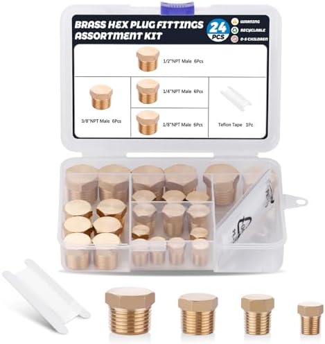 24PCS Brass Hex Pipe Plug Fittings,1/8" 1/4" 3/8" 1/2" NPT Male