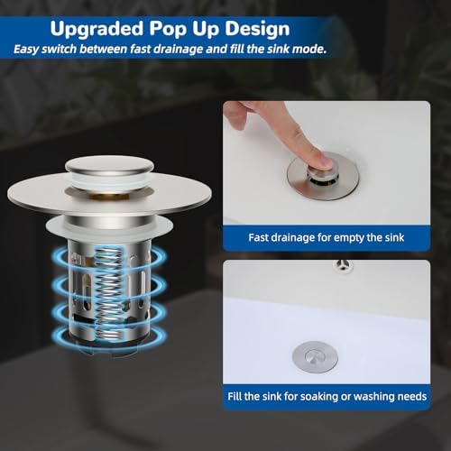 Hibbent 3 PCS Upgraded 3 in 1 Bathroom Sink Drain Strainer, Pop Up Stopper