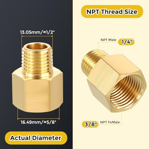 METALLIXITY 2PCS 3/8" FNPT x 1/4" MNPT Thread Brass Hex Extension Adapters | Brass Pipe Fittings, Female to Male Adapters for Water Line, Tub Spout/Shower Head