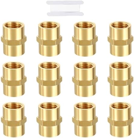METALLIXITY 12PCS 1/4" FeMale NPT x 1/4" FeMale NPT Thread Brass Coupling | Brass Pipe Fittings, Coupler Hex Head Adapter with Sealing Tape for Water Line, Tub Spout/Shower Head