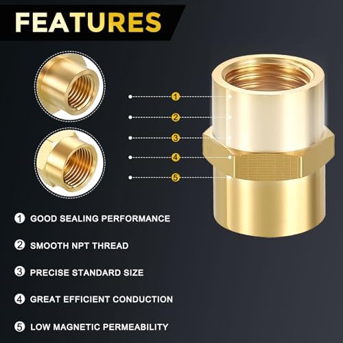 METALLIXITY 12PCS 1/4" FeMale NPT x 1/4" FeMale NPT Thread Brass Coupling | Brass Pipe Fittings, Coupler Hex Head Adapter with Sealing Tape for Water Line, Tub Spout/Shower Head