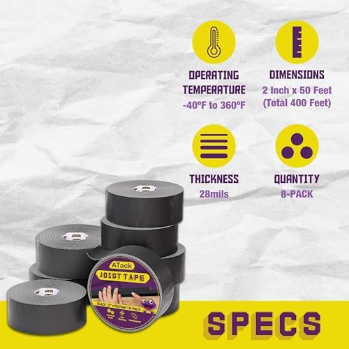 ATack 2 Inch x 50ft 8-Pack Waterproof Deck Joist Tape, Non-Shrinking Butyl Flashing Sealant, High Tack Rim Joist Tape, Year-Round Protection on Wood, Metal, Composite, Roof Beams