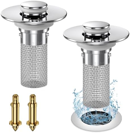 Vakabiu 2024 New Pop Up Bathroom Sink Drain Strainer Hair Catcher, Sink Drain Stopper with Removable Stainless Steel Filter Basket,for US Bathroom Sink Stopper Replacement (2PCS)