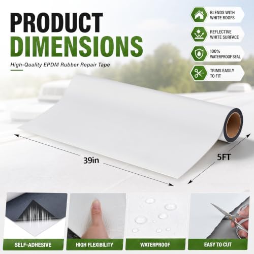 Pushglossy 1 Roll EPDM Rubber Roofing Membrane 50 Mil, 39" x 5 Ft, White
