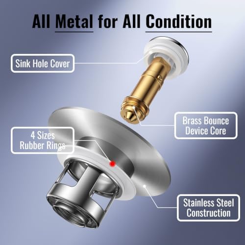 (2 Pc) 1s Installation - All Metal Bathroom Sink Stopper Fit 99% - 3 in 1 Universal Pop Up Stopper with Removable Stainless Steel Filter Basket Hair Catcher - Sink Stopper (Fast Drain Chrome 2 pc)