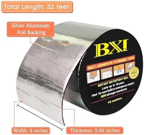 BXI Flashing Roll Tape Membrane, 6 inches X 32 Feet Thick Waterproof Patch Seal Tape, Self-Adhesive SBS Modified Rubberized Asphalt, Deck Seam Joist Leak Sealant for Roof Window Gutter Repair Outdoor
