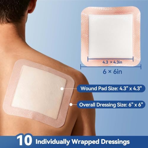 Dimora Silicone Super Absorbent Wound Dressings - Gentle Adhesive Bandages with Ultrasorb Polymer,Heavy Exudate Wound Care Pads 6"X 6" 10 Packs