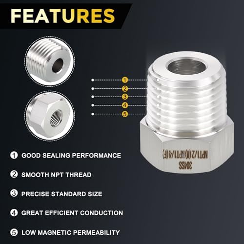METALLIXITY 15PCS 1/2" MNPT x 1/4" FNPT Thread SUS304 Hex Bushing Extension | 304 Stainless Steel Pipe Fittings, Tube Adapters Convert with Sealing Tape for Water Line, Tub Spout/Shower Head