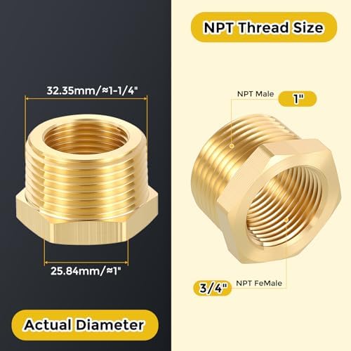METALLIXITY 1PCS 1" MNPT x 3/4" FNPT Thread Brass Hex Bushing Extension | Brass Pipe Fittings, Tube Adapters Convert for Water Line, Tub Spout/Shower Head