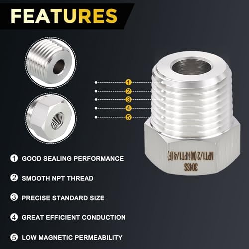 METALLIXITY 3PCS 1/2" MNPT x 1/4" FNPT Thread SUS304 Hex Bushing Extension | 304 Stainless Steel Pipe Fittings, Tube Adapters Convert for Water Line, Tub Spout/Shower Head