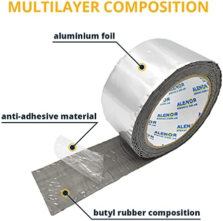 Alenor Butyl Rubber Aluminum Tape 2" inch W x 33 Feet Wall Crack Roof Leaks Waterproof Heat Resistant Tape Perfect for Sealing & Patching Hot & Cold Air Ducts Wood Metal Plastic Glass Repair
