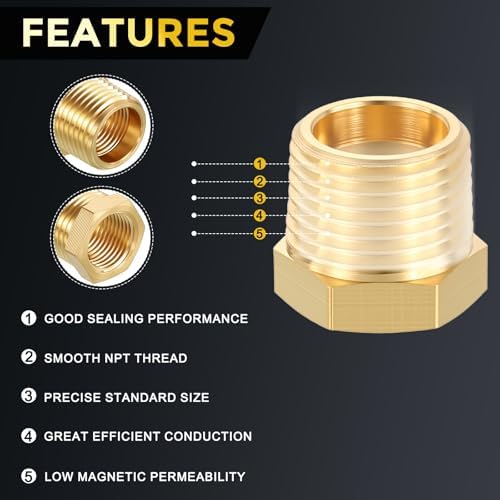 METALLIXITY 6PCS 3/8" MNPT x 1/8" FNPT Thread Brass Hex Bushing Extension | Brass Pipe Fittings, Tube Adapters Convert with Sealing Tape for Water Line, Tub Spout/Shower Head