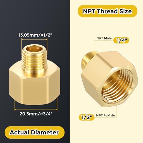 METALLIXITY 2PCS 1/2" FNPT x 1/4" MNPT Thread Brass Hex Extension Adapters | Brass Pipe Fittings, Female to Male Adapters for Water Line, Tub Spout/Shower Head