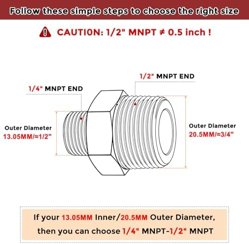 Pack of 5, 1/2" Male NPT to 1/4" Male NPT SUS304 Hex Nipple | Solid Male Pipe Adapter Hose Connectors with Sealing Tape for Pipe Repair, Bathroom Remodel, Tool Extensions, Compression