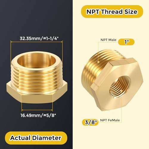 METALLIXITY 2PCS 1" MNPT x 3/8" FNPT Thread Brass Hex Bushing Extension | Brass Pipe Fittings, Tube Adapters Convert for Water Line, Tub Spout/Shower Head