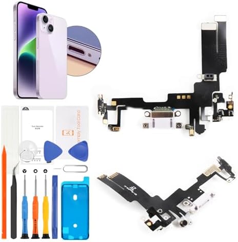 for iPhone 14 Lightning Charging Port Replacement (Purple) USB Dock Connector Flex Cable Assembly Includes Waterproof Tape & Tool Kit for A2882, A2649, A2881, A2884, A2883