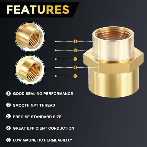 METALLIXITY 6PCS 3/8" FeMale NPT x 1/4" FeMale NPT Thread Brass Coupling | Brass Pipe Fittings, Coupler Hex Head Adapter for Water Line, Tub Spout/Shower Head