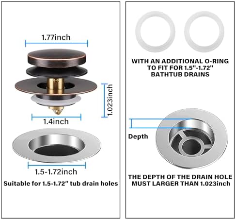 Bathtub Drain Stopper, Tub Plug for 1.5"-1.72" Regular Drains