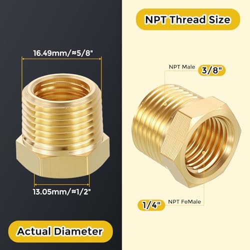 METALLIXITY 6PCS 3/8" MNPT x 1/4" FNPT Thread Brass Hex Bushing Extension | Brass Pipe Fittings, Tube Adapters Convert with Sealing Tape for Water Line, Tub Spout/Shower Head