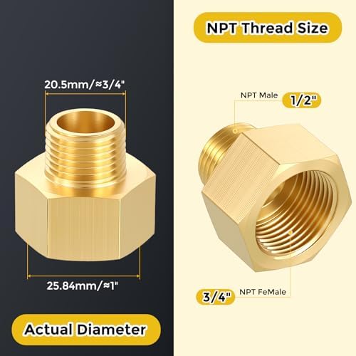 METALLIXITY 1PCS 3/4" FNPT x 1/2" MNPT Thread Brass Hex Extension Adapters | Brass Pipe Fittings, Female to Male Adapters for Water Line, Tub Spout/Shower Head