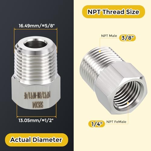 METALLIXITY 2PCS 3/8" MNPT x 1/4" FNPT Thread SUS304 Hex Bushing Extension | 304 Stainless Steel Pipe Fittings, Tube Adapters Convert for Water Line, Tub Spout/Shower Head