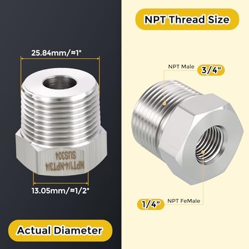 METALLIXITY 3PCS 3/4"MNPT x 1/4"FNPT Threaded SUS304 Hex Bushing Extension | 304 Stainless Steel Pipe Fittings, Tube Adapters Convert for Water Line, Tub Spout/Shower Head