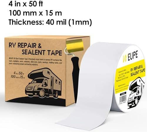 RV Sealant Tape with Roller, White, 4 Inch x 50 Feet, Roof Patch Repair Tape, Roofing Tape for RV, Waterproof Leak Tape for RV Puncture, Boat Sealing, Canopy, Camper, Greenhouse and Tarpaulin