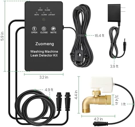 Washing Machine Water Leak Detector Kit with Dual Power Supply, Precise Sensor, Automatic Shut-Off Hot & Cold Valves 3/4" 90° , Alarm Sound and Alarm Light