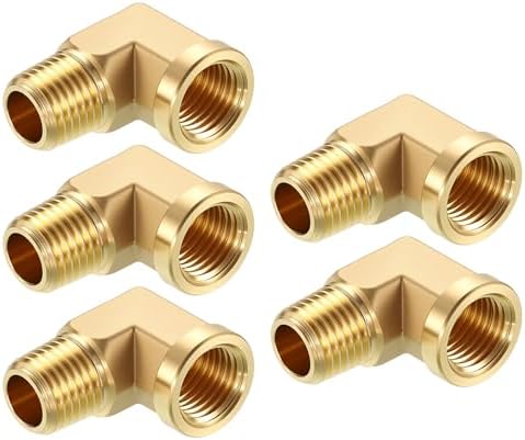 METALLIXITY 5PCS 1/4"FNPT x 1/4"MNPT 90 Degree Brass Barstock Street Elbow | Thread Brass Forged Pipe Fittings Adapters for Water Line, Tub Spout/Shower Head