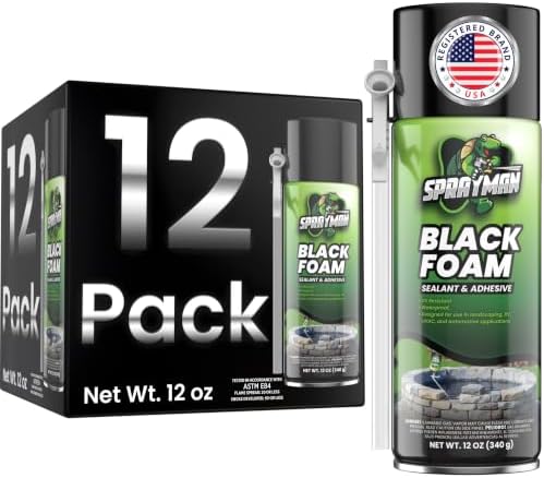 Sprayman Black Waterfall Foam Sealant - (12x12oz) Expanding Polyurethane Pond Foam Sealer, UV Resistant, Water Proof Spray for Landscape & Exterior, Straw Use, 12 Pack