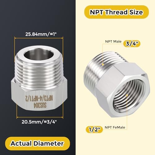 METALLIXITY 1PCS 3/4" MNPT x 1/2" FNPT Thread SUS304 Hex Bushing Extension | 304 Stainless Steel Pipe Fittings, Tube Adapters Convert for Water Line, Tub Spout/Shower Head