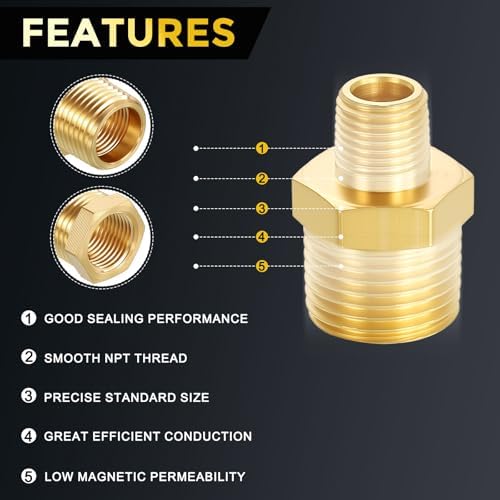 METALLIXITY 2PCS 3/8" MNPT x 1/8" MNPT Thread Brass Hex Nipple Adapter | Male Straight Extension Adapters, Brass Pipe Fittings for Water Line, Tub Spout/Shower Head
