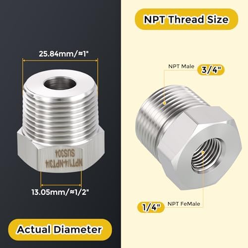 METALLIXITY 2PCS 3/4" MNPT x 1/4" FNPT Thread SUS304 Hex Bushing Extension | 304 Stainless Steel Pipe Fittings, Tube Adapters Convert for Water Line, Tub Spout/Shower Head