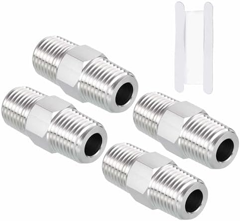 Pack of 4, 1/4" Male NPT To 1/4" Male NPT SUS304 Hex Nipple | Solid Male Pipe Adapter Hose Connectors with Sealing Tape for Pipe Repair, Bathroom Remodel, Tool Extensions, Compression