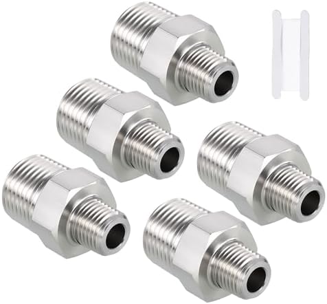 Pack of 5, 1/2" Male NPT to 1/4" Male NPT SUS304 Hex Nipple | Solid Male Pipe Adapter Hose Connectors with Sealing Tape for Pipe Repair, Bathroom Remodel, Tool Extensions, Compression