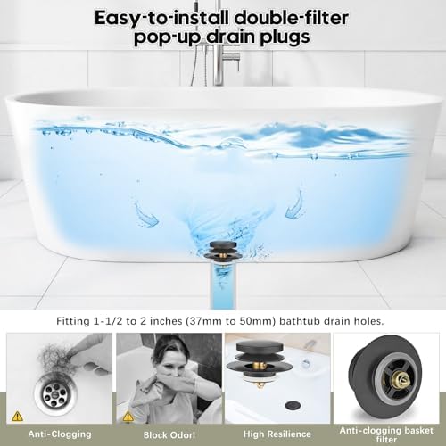 Universal Bathtub Stopper, Pop Up Bath Tub Drain Stoppers, EZ Install Bathtub Drain Replacement Trim Kit, Replaces Lift and Turn, Tip-Toe and Trip Lever Drains for Tub(Black)