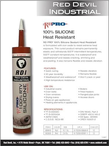 Red Devil 08090I RD PRO 100% Heat Resistant RTV Silicone Sealant, 10.1 oz., Red, 12 Pack, Made in USA