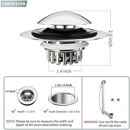 Bathtub Drain Stopper, Pop-Up Tub Stopper with Hair Catcher Filter Basket, Anti-Clogging Drain Plug, Universal 3-in-1 Replacement for 1.45"-1.8" Drains, Solid Copper