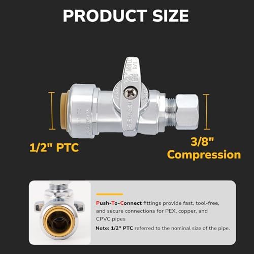 1/2" PTC x 3/8" OD Compression Straight Stop Valve, Toilet Water Shut Off for PEX, Copper, CPVC Pipe, Push to Connect Brass Plumbing Fitting with Quarter-Turn & Disconnect Clip