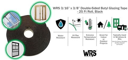 WRS 3/16" x 3/8" Double Sided Butyl Tape, 25 Ft, Black, for Windows & Doors | Creates a Waterproof, Mess Free Seal; Great for RVs, Automotive, Roofing & Joint Sealing; Rubber Adhesive; Sold Individually