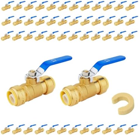 50-Pack Foskan Brass Push Fit Ball Valve with Disconnect Clip, 1/2" Push-to-Connect Full Port Shut-off Valve with Blue Handle for Hot and Cold Water Application