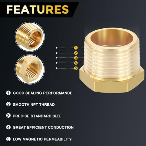 METALLIXITY 6PCS 3/4" MNPT x 3/8" FNPT Thread Brass Hex Bushing Extension | Brass Pipe Fittings, Tube Adapters Convert with Sealing Tape for Water Line, Tub Spout/Shower Head