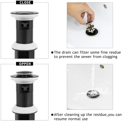 Bathroom Sink Drain,Drain Stopper Bathroom Sink Without Overflow,Small Cap Pop Up Drain Assembly with Detachable Strainer Basket,Built-in Anti-Clogging, Stainless Steel Nut Matte Black