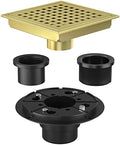 Shower Drain Brushed Gold 4-3/8 Inch, Square Floor Drain, Stainless Steel Bathroom Drain Kit with ABS Flange, Removable Grid Cover, Hair Strainer