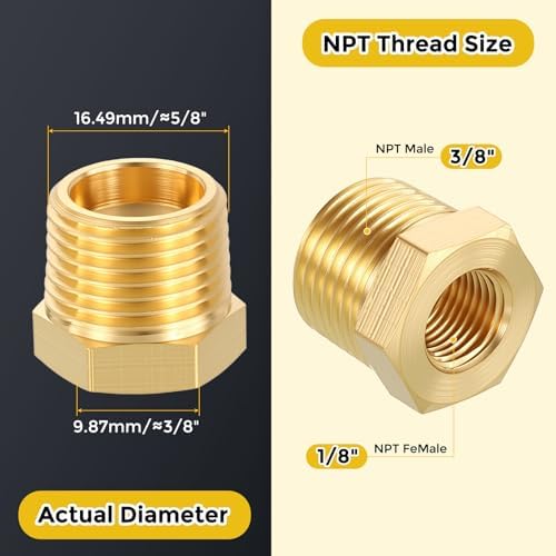 METALLIXITY 6PCS 3/8" MNPT x 1/8" FNPT Thread Brass Hex Bushing Extension | Brass Pipe Fittings, Tube Adapters Convert with Sealing Tape for Water Line, Tub Spout/Shower Head