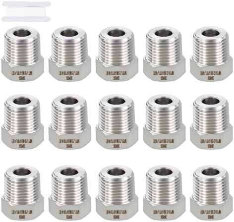 METALLIXITY 15PCS 1/2" MNPT x 1/4" FNPT Thread SUS304 Hex Bushing Extension | 304 Stainless Steel Pipe Fittings, Tube Adapters Convert with Sealing Tape for Water Line, Tub Spout/Shower Head