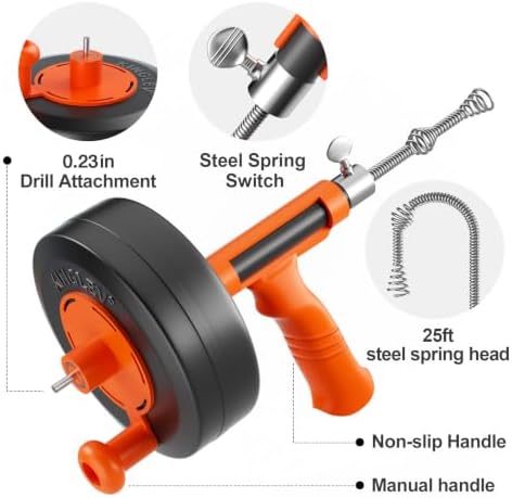 Drain Auger, Plumbing Snake With Drill Adapter, 35ft Heavy Duty Flexible Sink Steel Plumbing Auger Bathroom Hair Clog Removal Tool, Manual Or Powered - No auto retract or feed