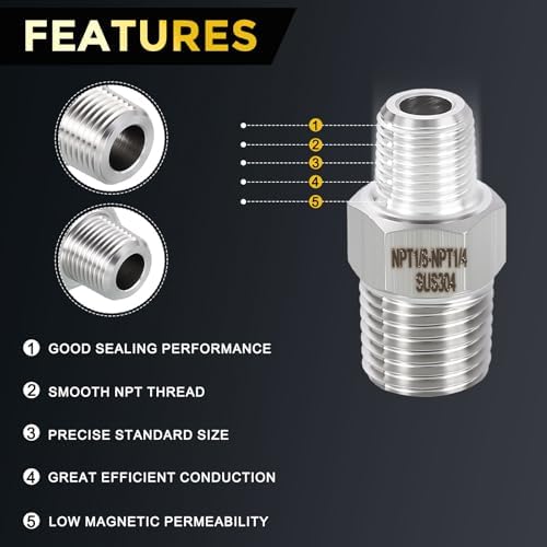 METALLIXITY 1PCS 1/4" MNPT x 1/8" MNPT Thread SUS304 Hex Nipple Adapter | Male Straight Extension Adapters, 304 Stainless Steel Pipe Fittings for Water Line, Tub Spout/Shower Head
