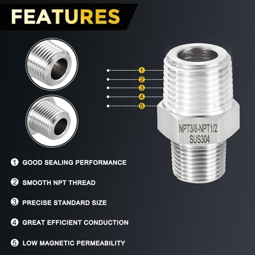 METALLIXITY 2PCS 1/2" MNPT x 3/8" MNPT Thread SUS304 Hex Nipple Adapter | Male Straight Extension Adapters, 304 Stainless Steel Pipe Fittings for Water Line, Tub Spout/Shower Head